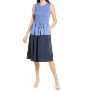 French Connection NWT Rhodes ColorBlock Smocked Poplin Dress Bay Blue Nocturnal